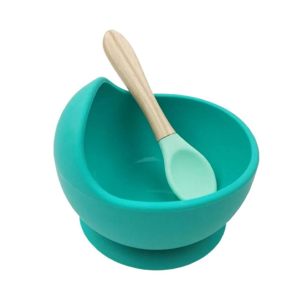 Conjunto de Alimentação de Silicone para Bebês com Colher de Madeira