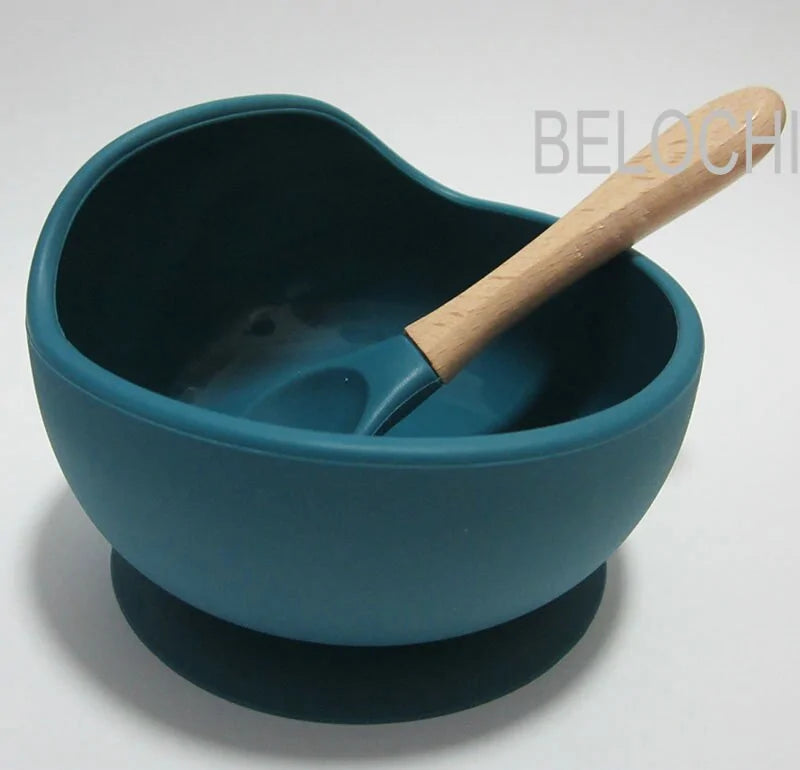 Conjunto de Alimentação de Silicone para Bebês com Colher de Madeira