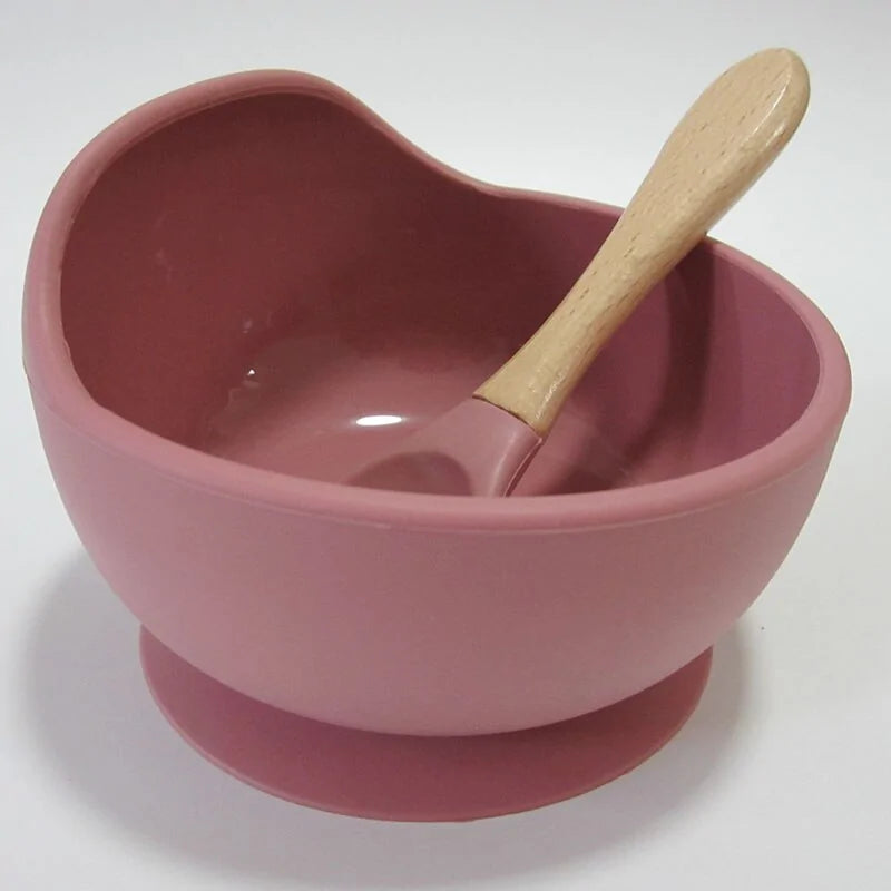 Conjunto de Alimentação de Silicone para Bebês com Colher de Madeira