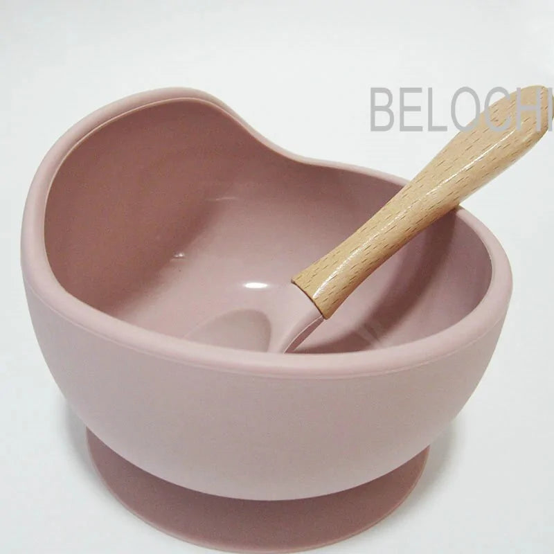 Conjunto de Alimentação de Silicone para Bebês com Colher de Madeira