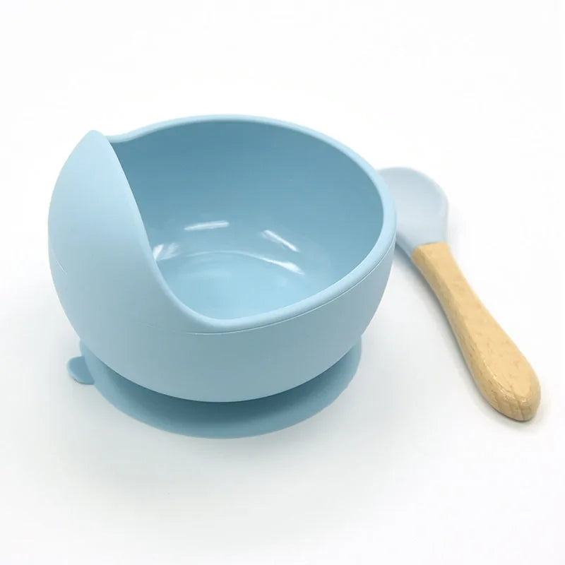 Conjunto de Alimentação de Silicone para Bebês com Colher de Madeira