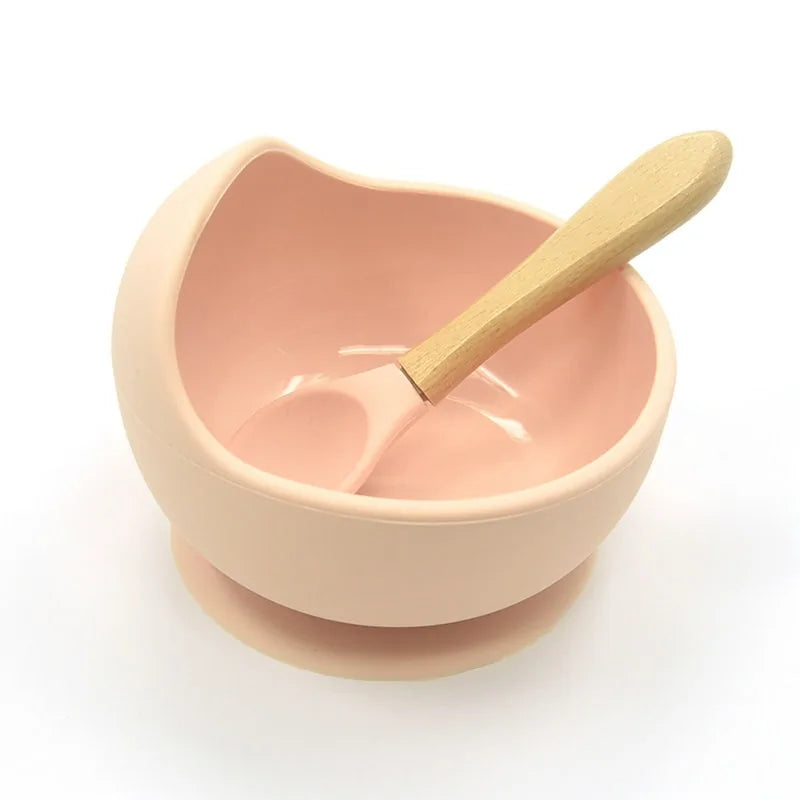 Conjunto de Alimentação de Silicone para Bebês com Colher de Madeira