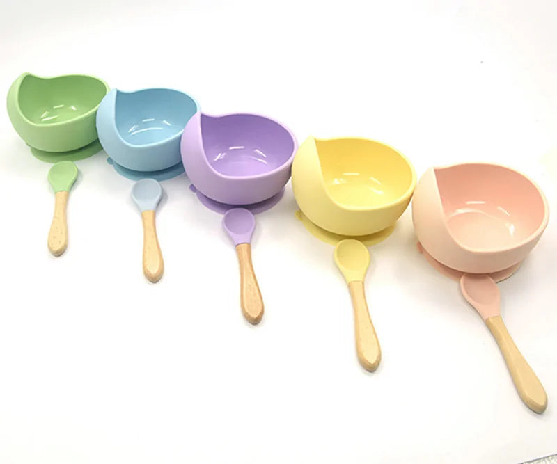 Conjunto de Alimentação de Silicone para Bebês com Colher de Madeira