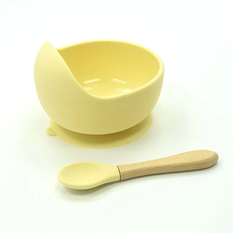 Conjunto de Alimentação de Silicone para Bebês com Colher de Madeira